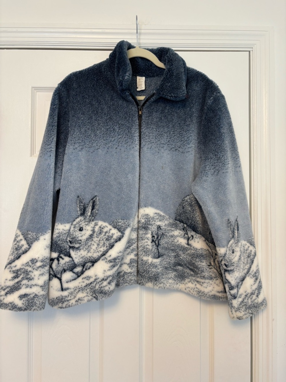 Vintage Bunny Rabbit Scenic Fleece Jacket XL Blue Winter Landscape Zip-Up RARE